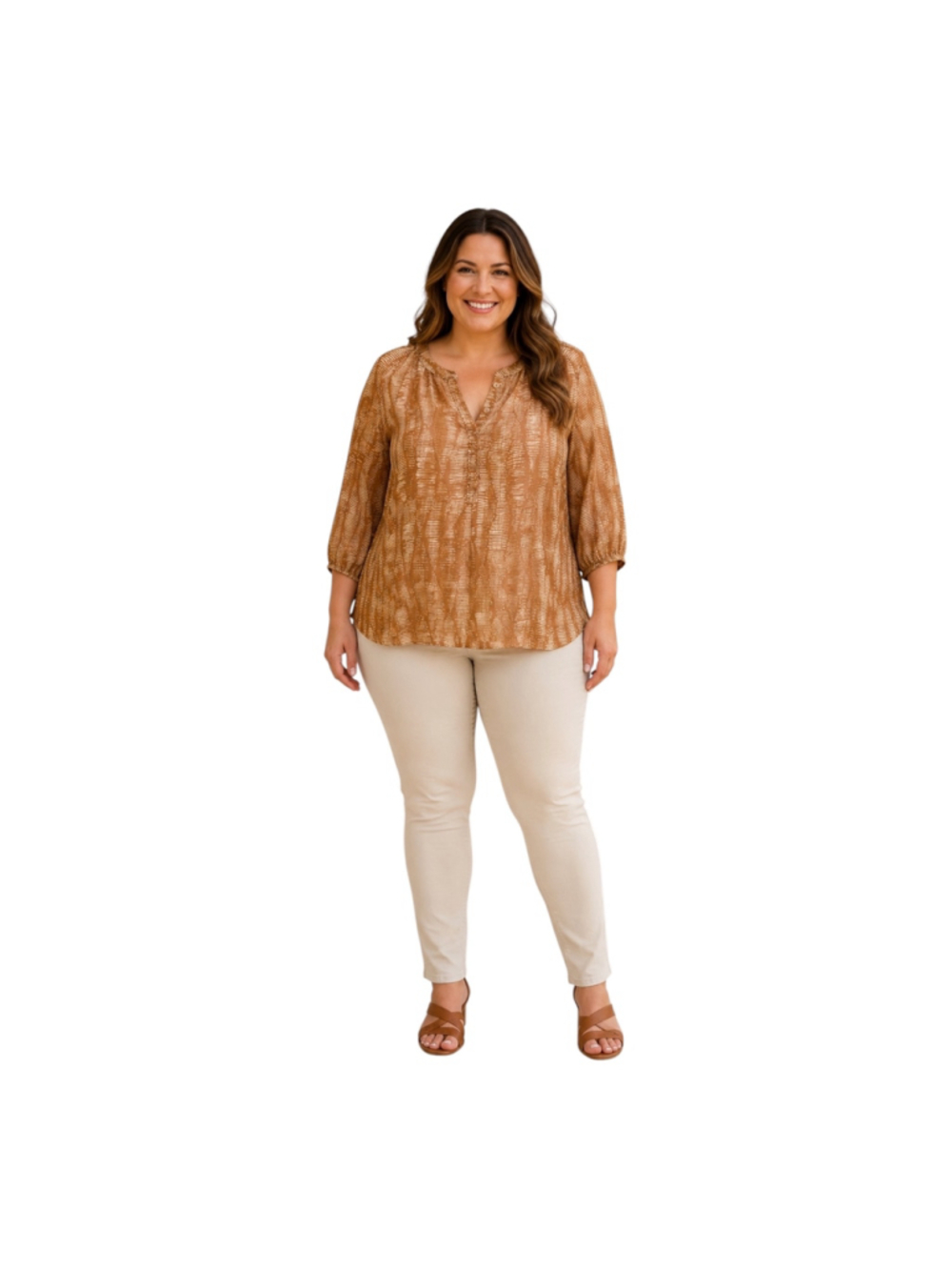 Coldwater Creek 1X 18 Brown Abstract Print Peasant Blouse 3/4 Sleeve